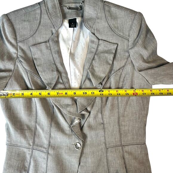 White House Black Market Gray Linen-Blend Ruffle Front Blazer Size 8 - Picture 9 of 11